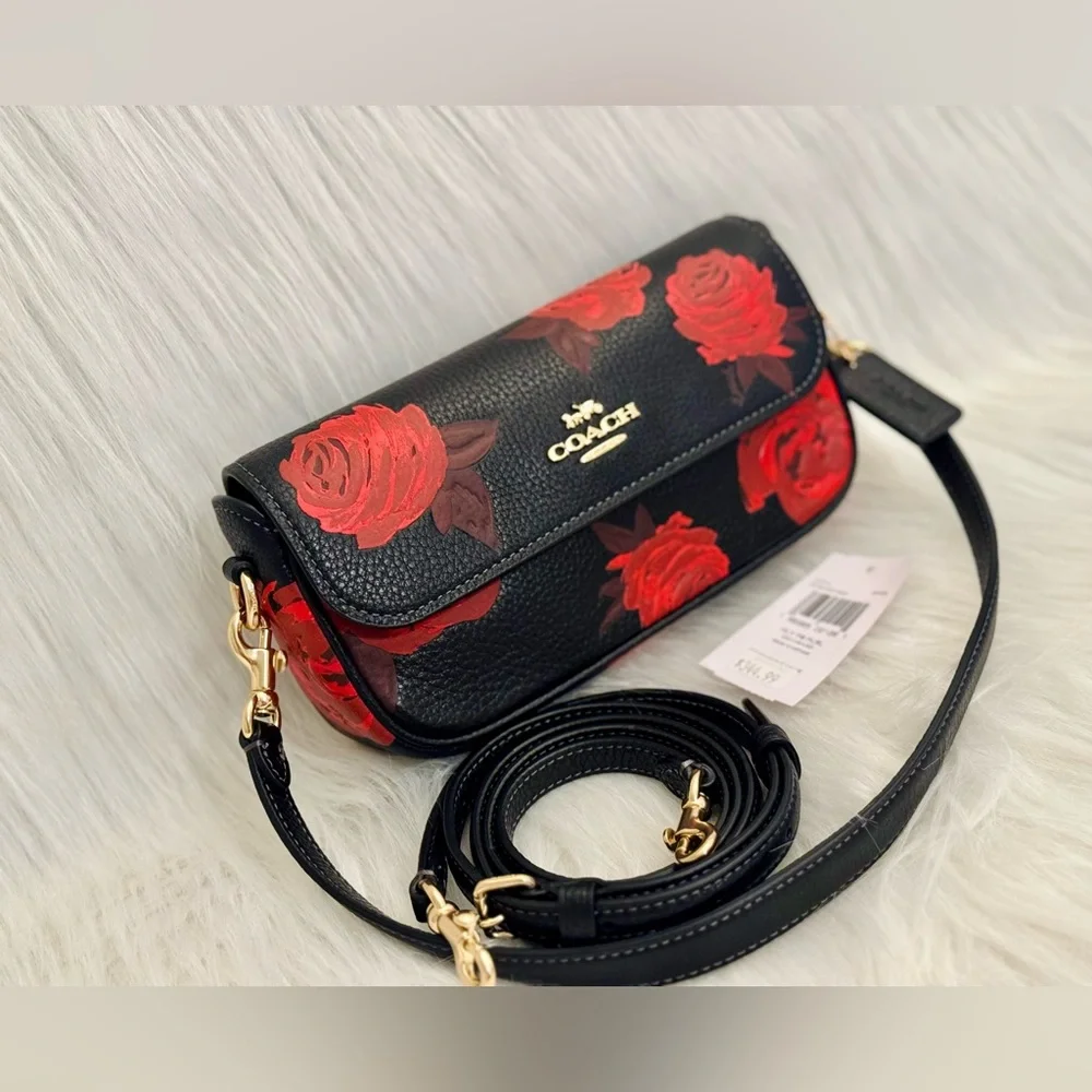 NWT Coach Floral Print Hailey Flap Crossbody Bag CCF74 in Black/Red - Picture 8 of 15